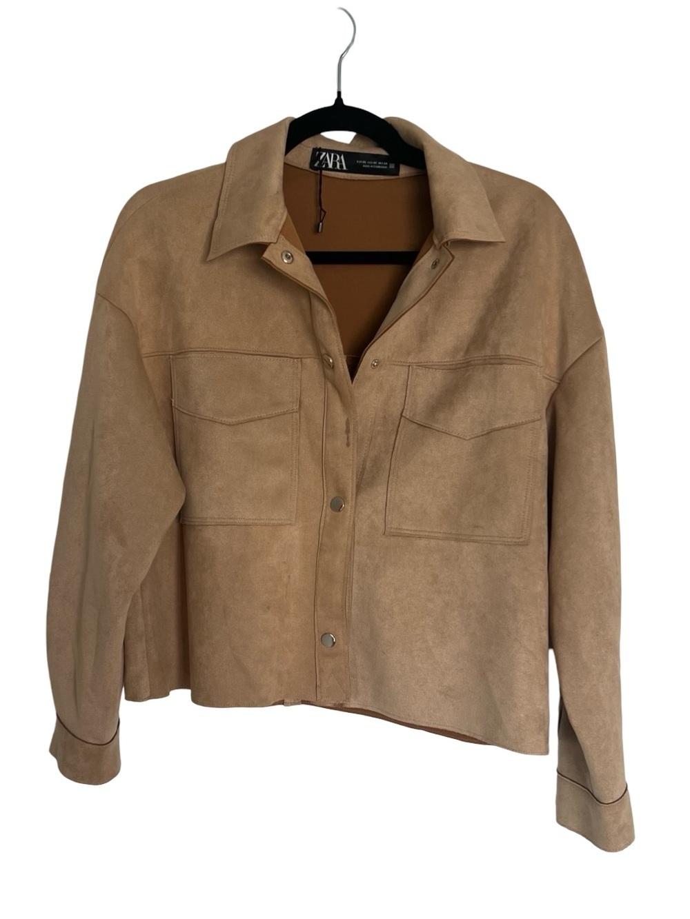 Zara Faux Suede Snap Up Jacket Brown Tan Boho Western Cropped Size XS